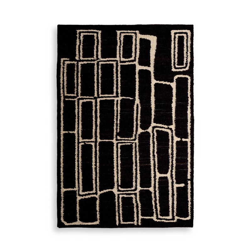 Black wool rug with cream ivory rectangular pattern detail