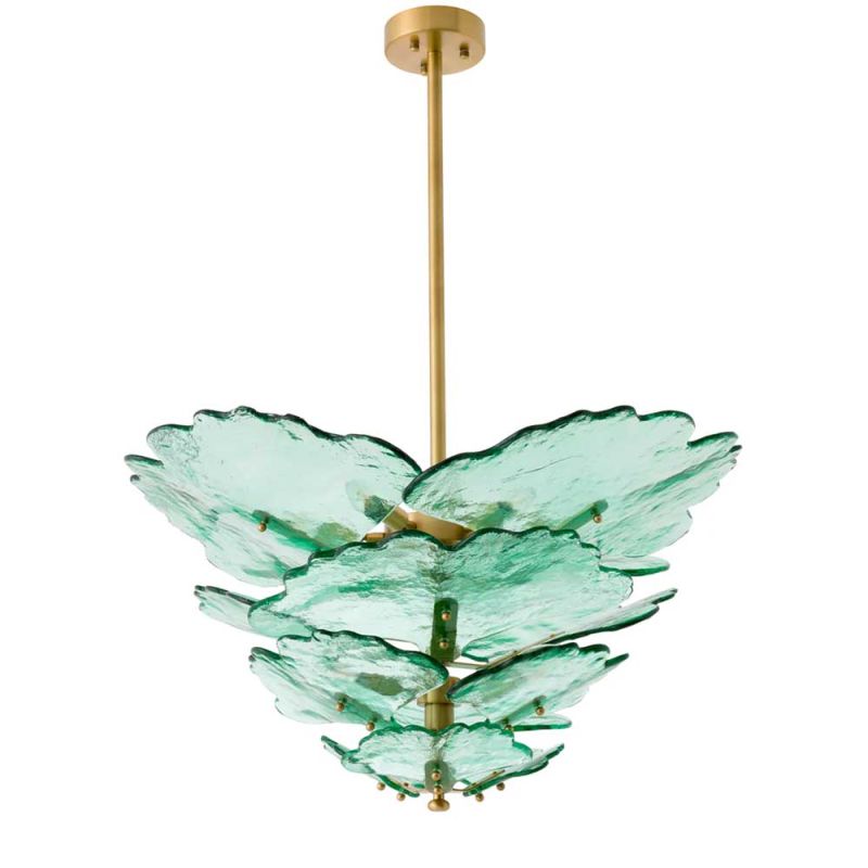 Green glass floral style chandelier with brass ceiling fixture