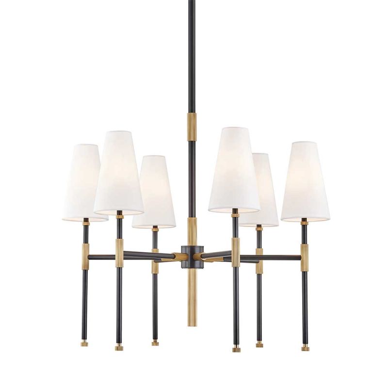 Glamorous six-light chandelier with brass accents and conical shades