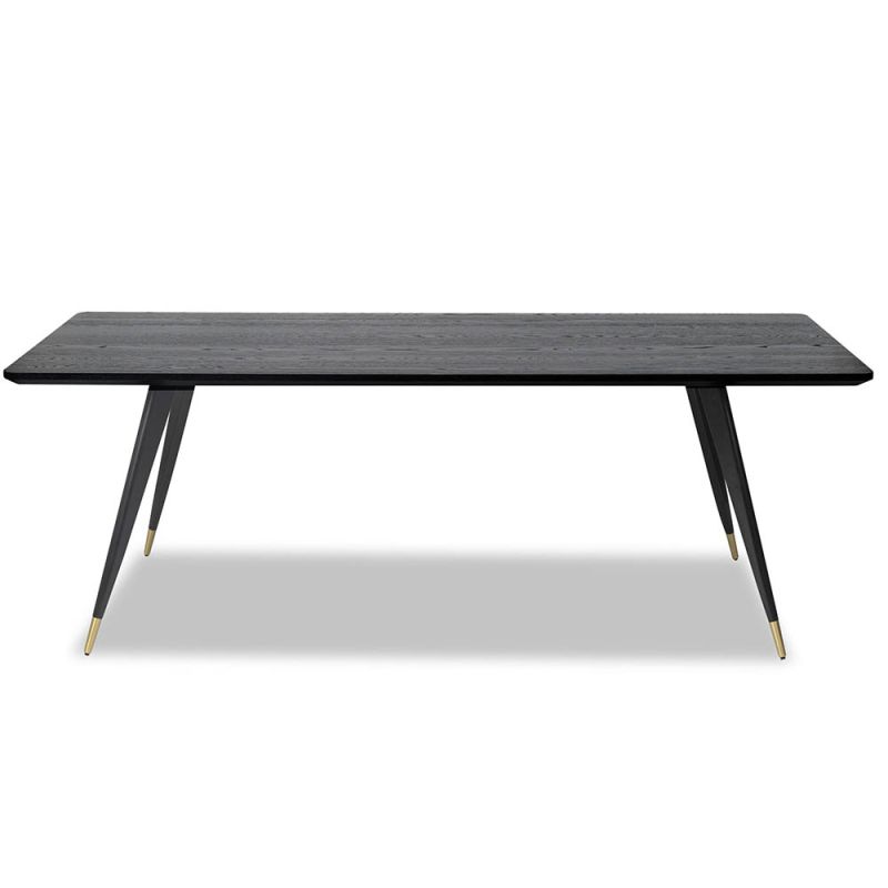 Veneered rectangular dining table with tapered legs featuring brass caps