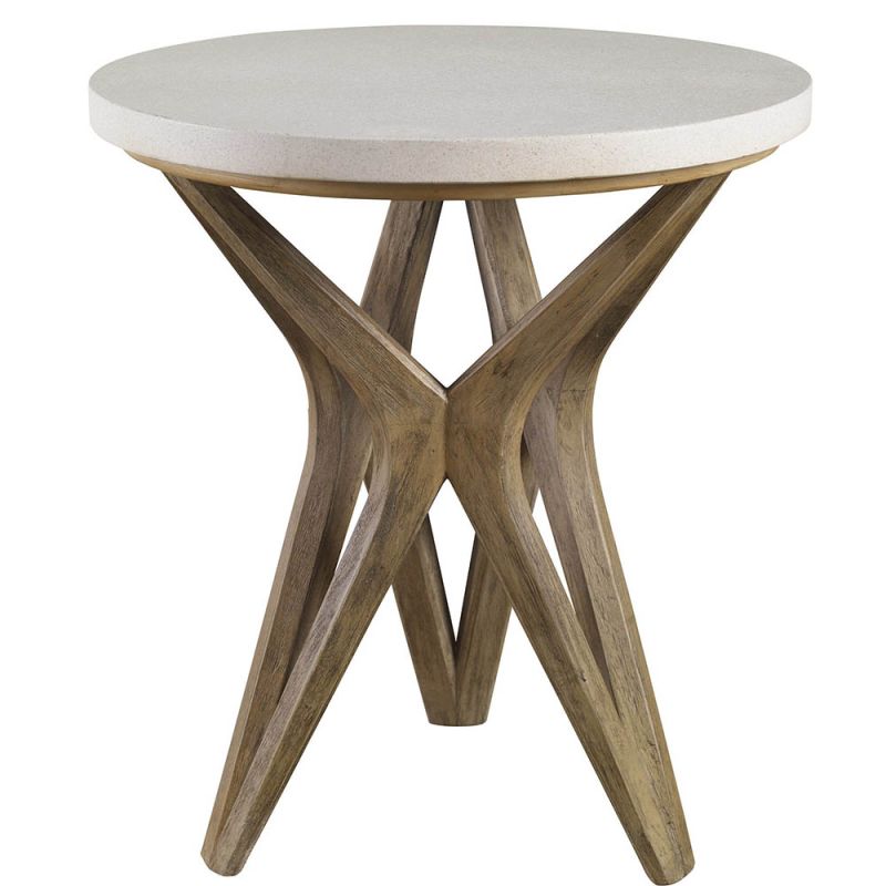 White limestone side table with geometric wooden legs