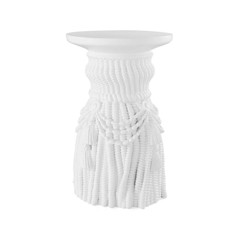 Giant Tassel Stool with ornately sculpted tassels in a polished white acrylic