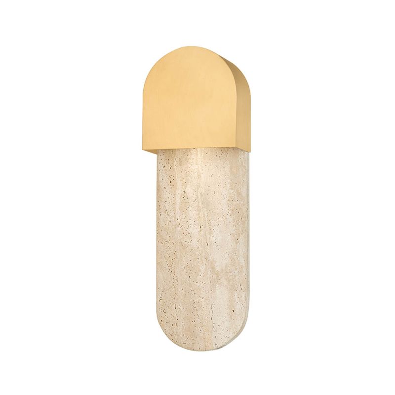Luxurious wall lamp with brass hood mounted on travertine back