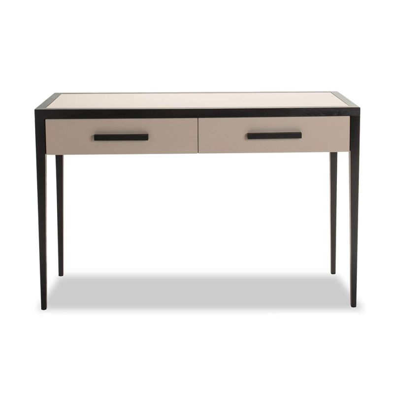 Faux leather top console table in neutral accented with wooden handles and tapered legs