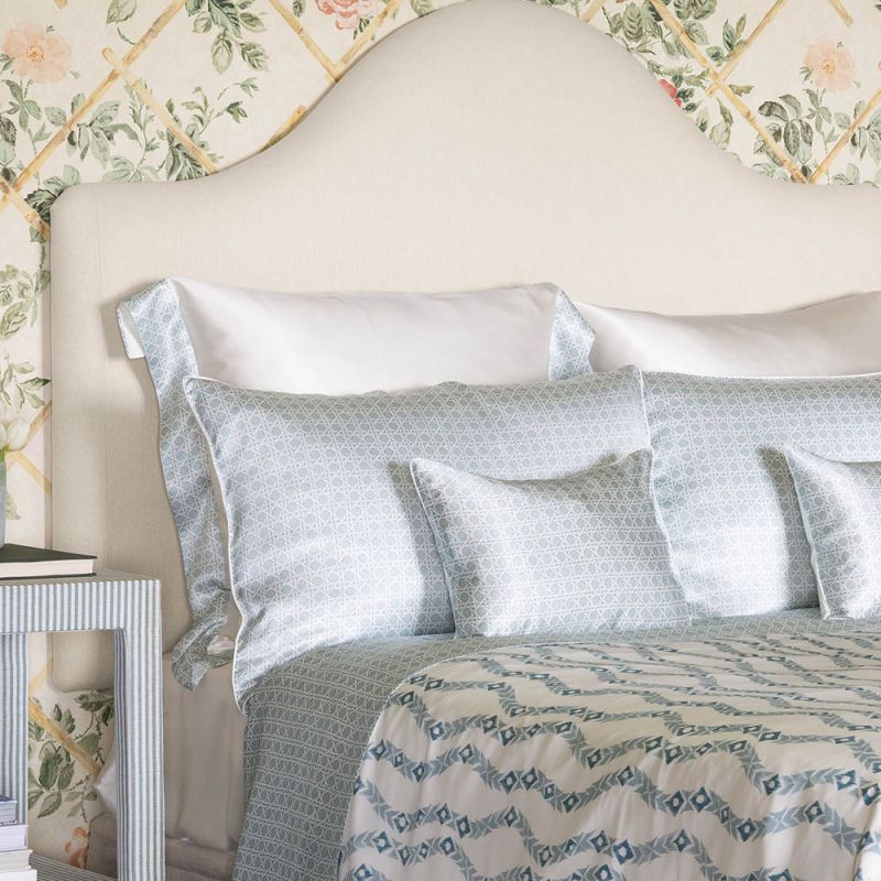 Stunningly silky Rattan Blue Silk Pillowcase with a rattan geometric pattern trim