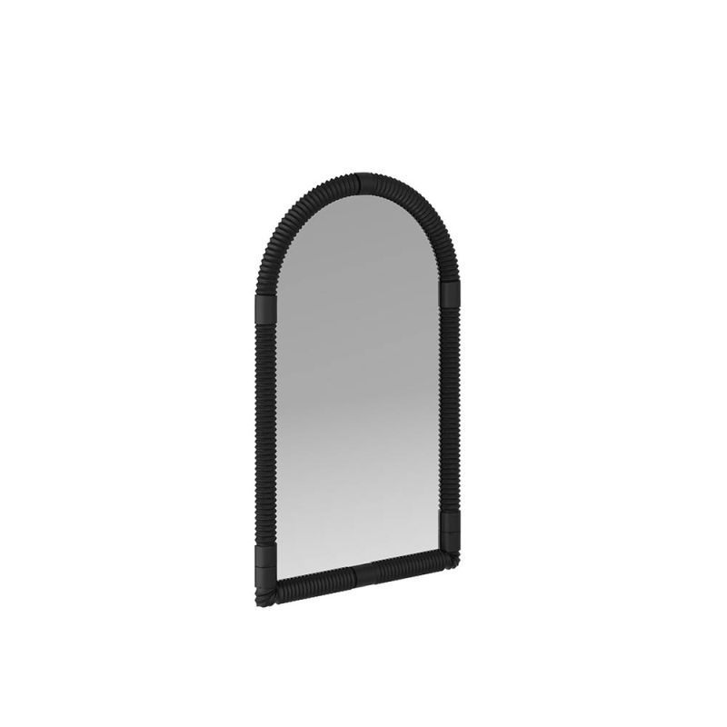 Arched mango wood mirror with playful line detailing