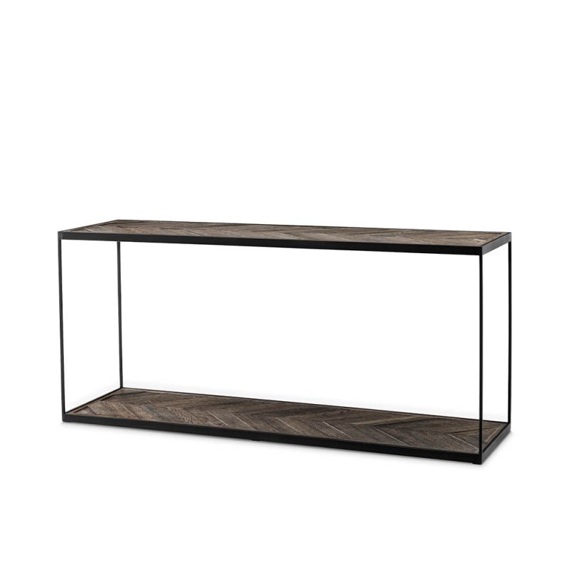 Gorgeous chevron pattern wooden console table with thin metal frame.