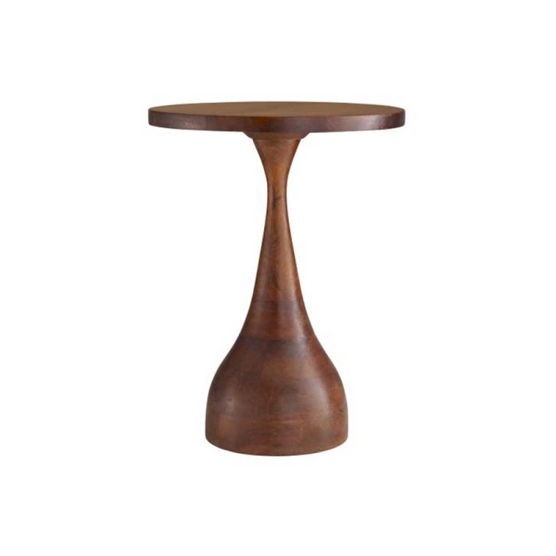 Plinth style side table made from warm-toned wood with round top