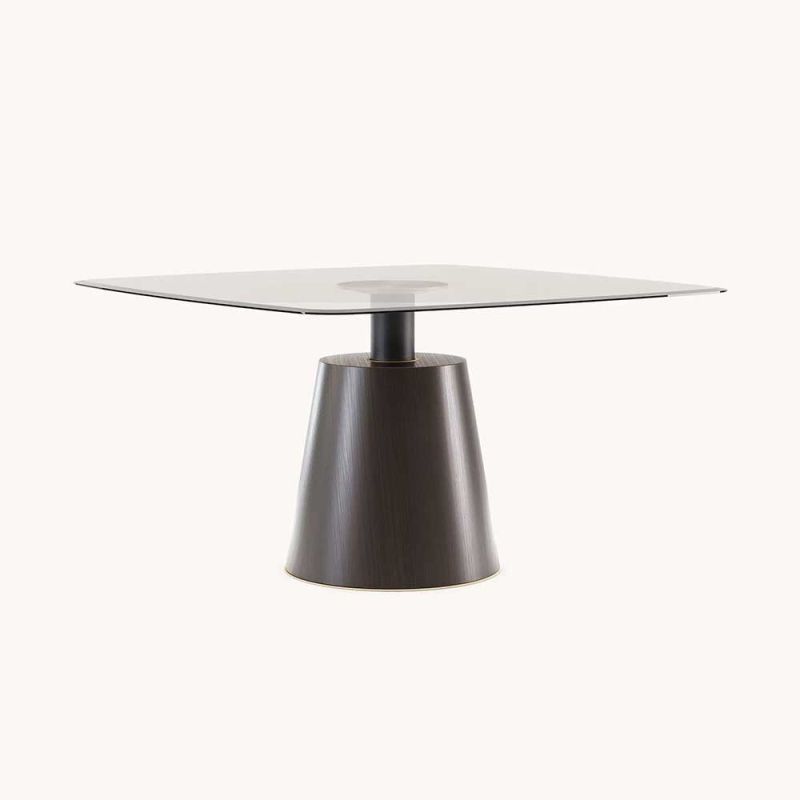 Luxurious glass top dining table with conical wooden base