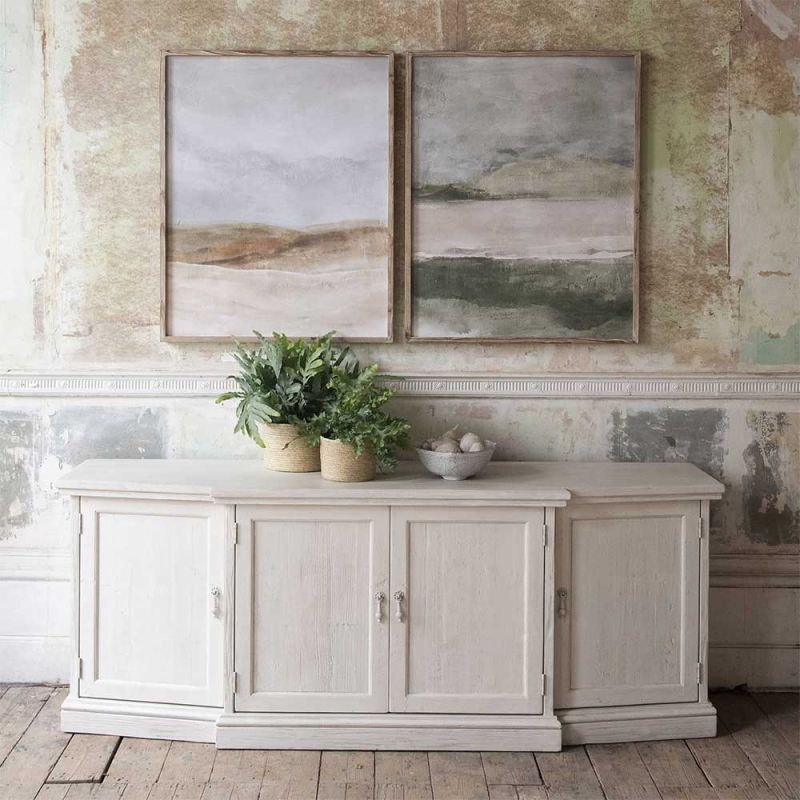 Classic design white wood sideboard with four cupboards and protruding middle two