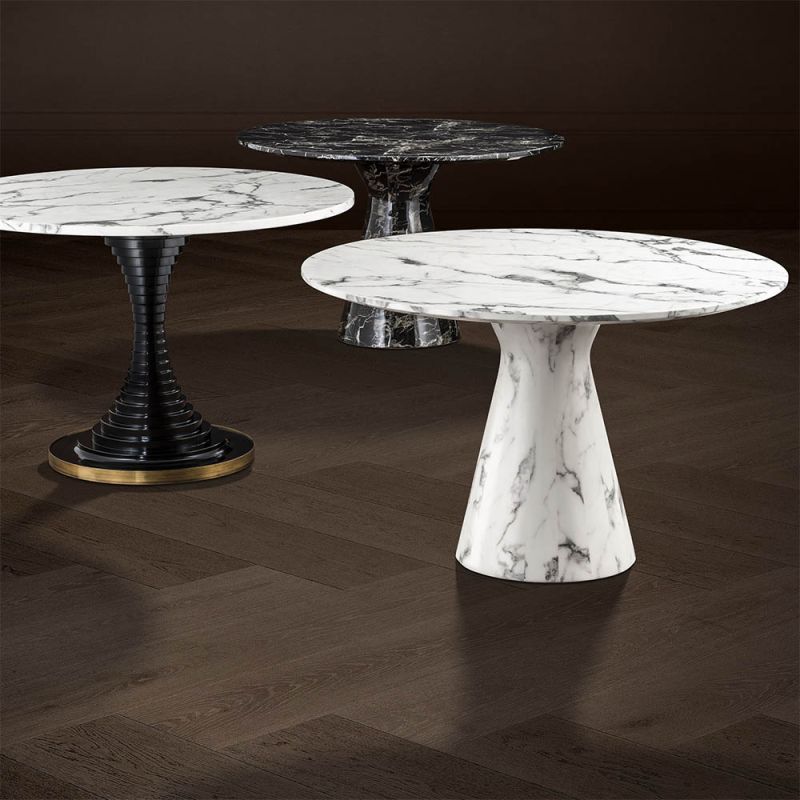 Captivating faux marble dining table with round top and elegant plinth base