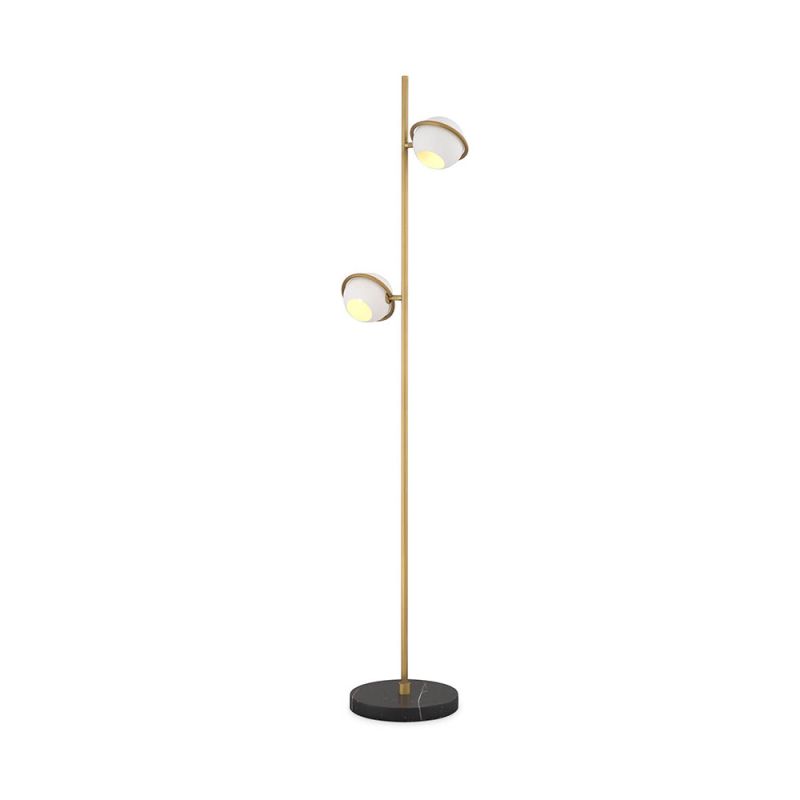 Elegant and unique floor lamp with orb shades and brass stem mounted on black marble base