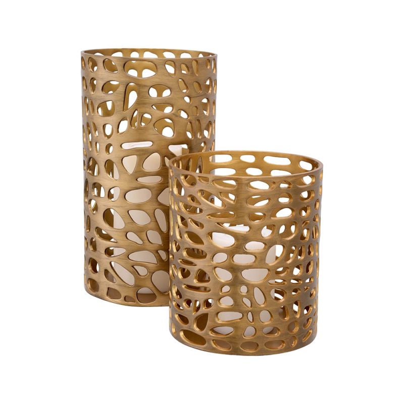 Alluring small candle holder with brushed brass finish and organic shape hole design