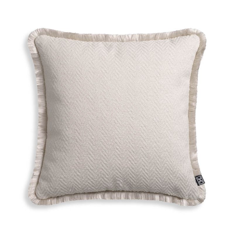 Soft square cushion with fringe detail in cream, amber and red finished