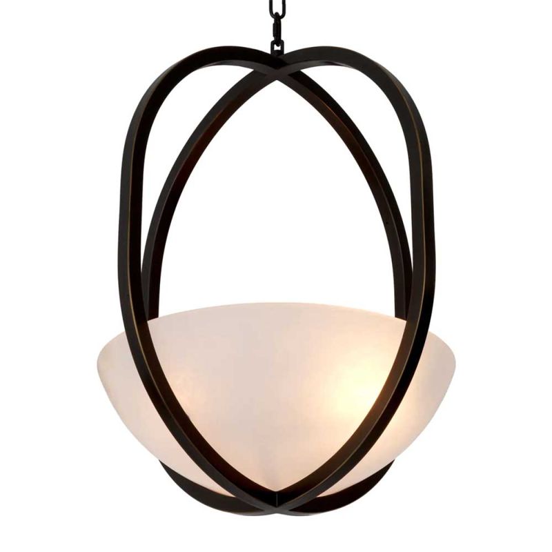 Lantern style bronze ceiling light with alabaster dish shade