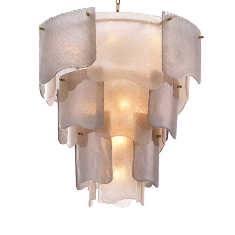 Smoked glass panel chandelier with brass elements