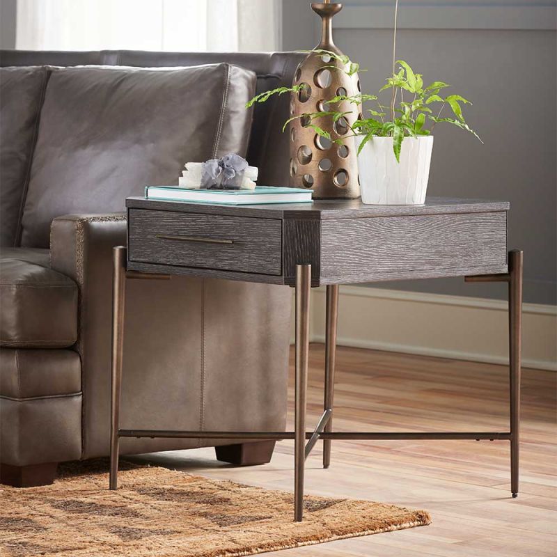 Dark brown side table with bronze legs