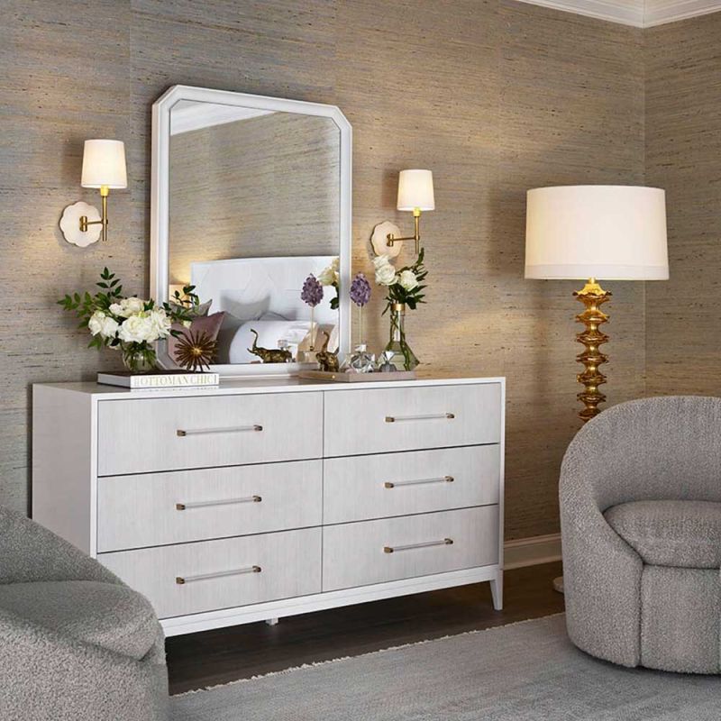 Gorgeous white chest of six drawers with clear handles