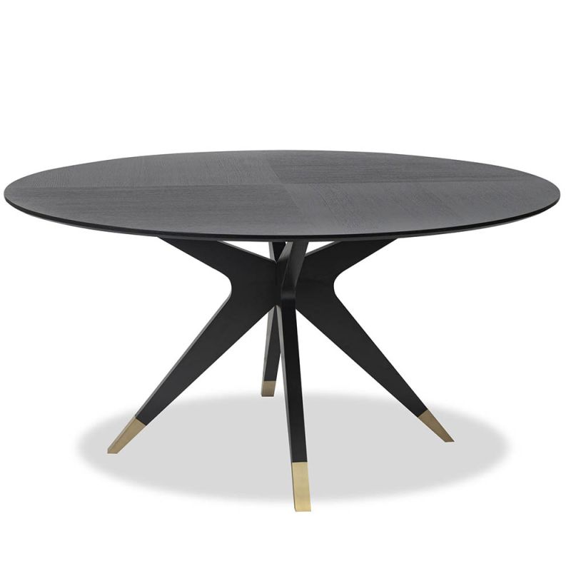 Dining table with statement base of slender spokes and brass caps