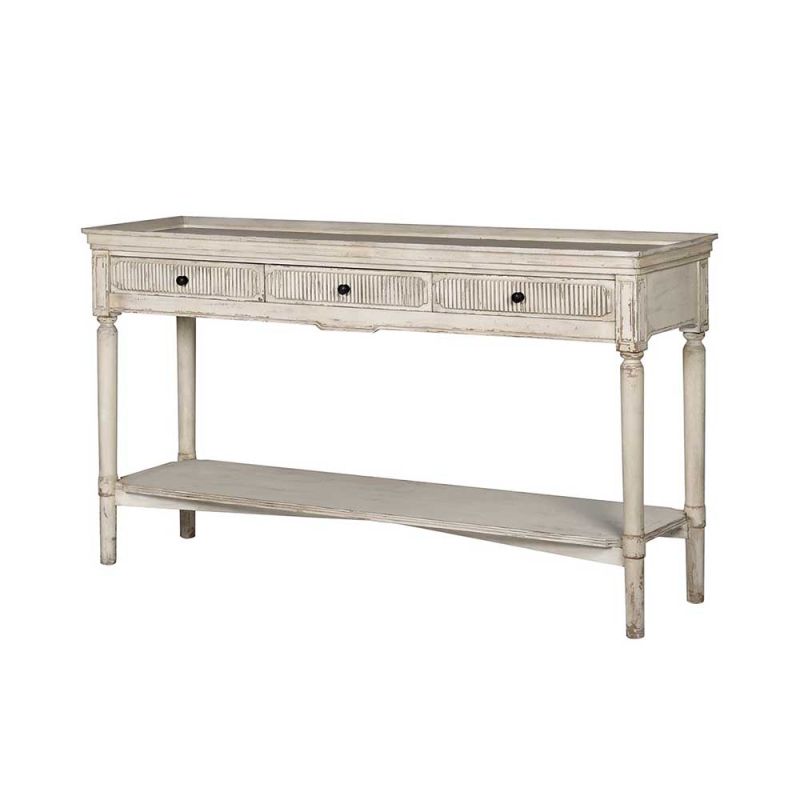 cream finish console table with 3 ribbed drawers