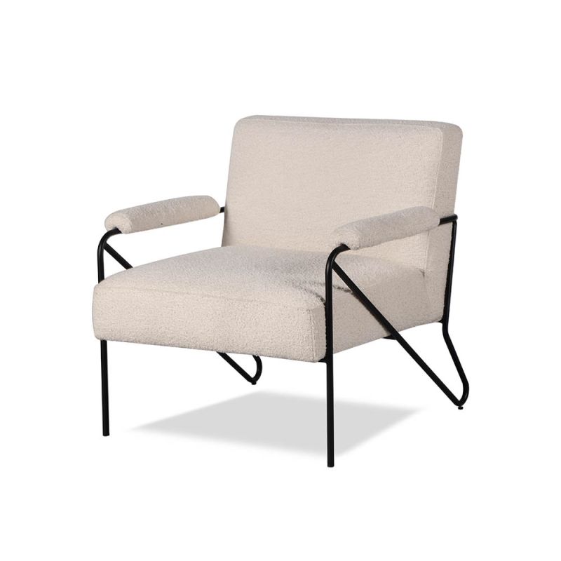 Boucle upholstered armchair with sleek, thin black legs
