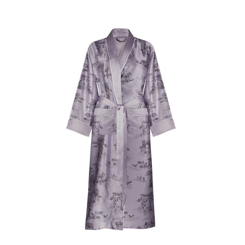 Elegant lilac silk robe with black traditional artistry