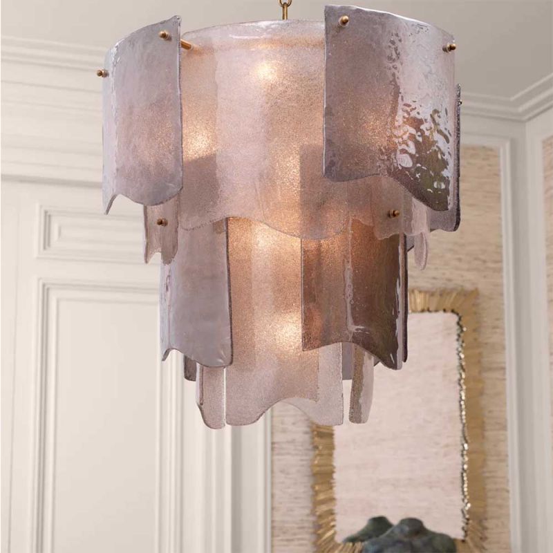 Smoked grey glass panel chandelier with brass details