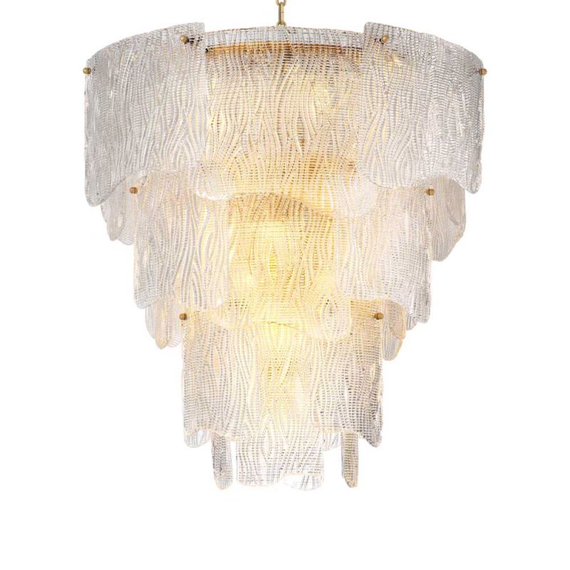 Wave textured glass chandelier with brass accents