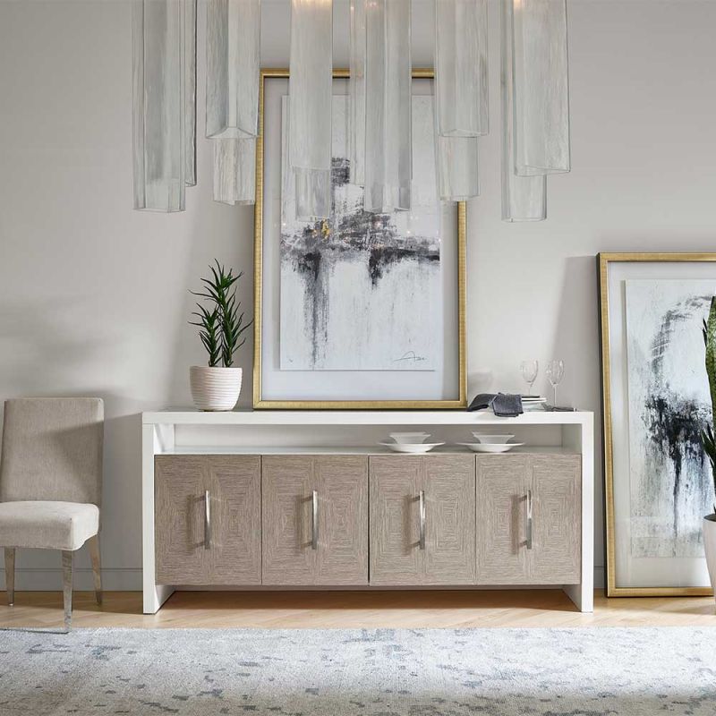 White waterfall top sideboard with wooden doors