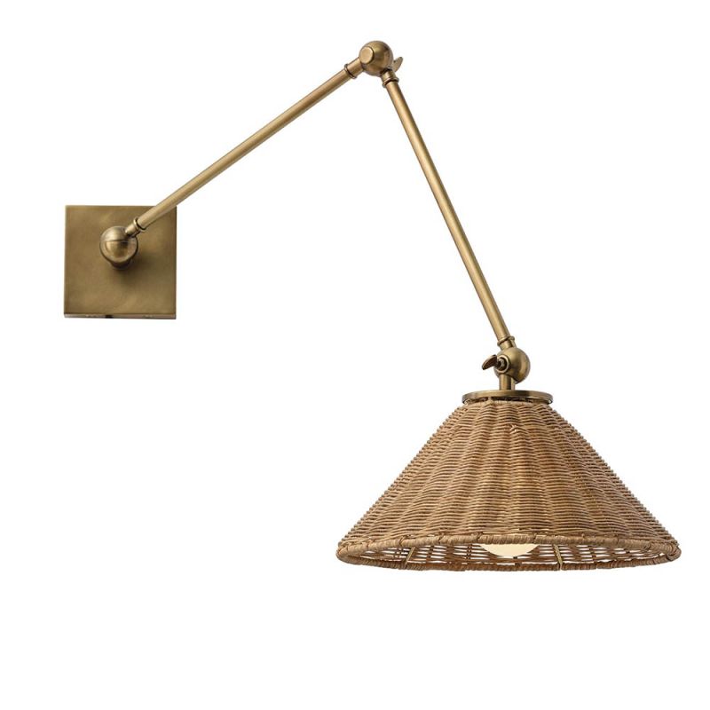 Antique brass wall light with woven wicker shade 