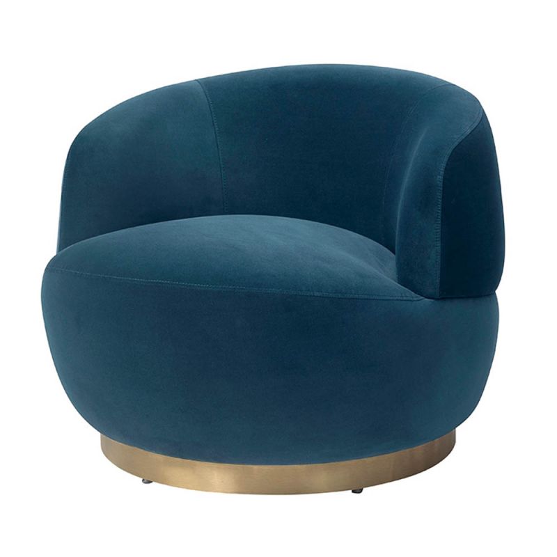 Small and circular blue swivel chair with rounded edges and brass base
