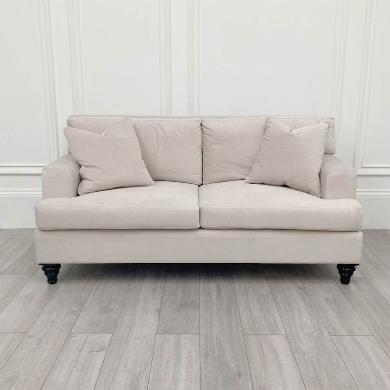 romantic luxury designer sofa in neutral velvety upholstery