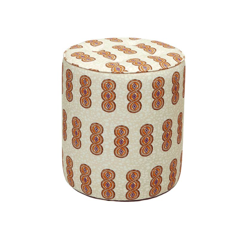 A luxury pouffe by Eva Sonaike with an orange African-inspired pattern