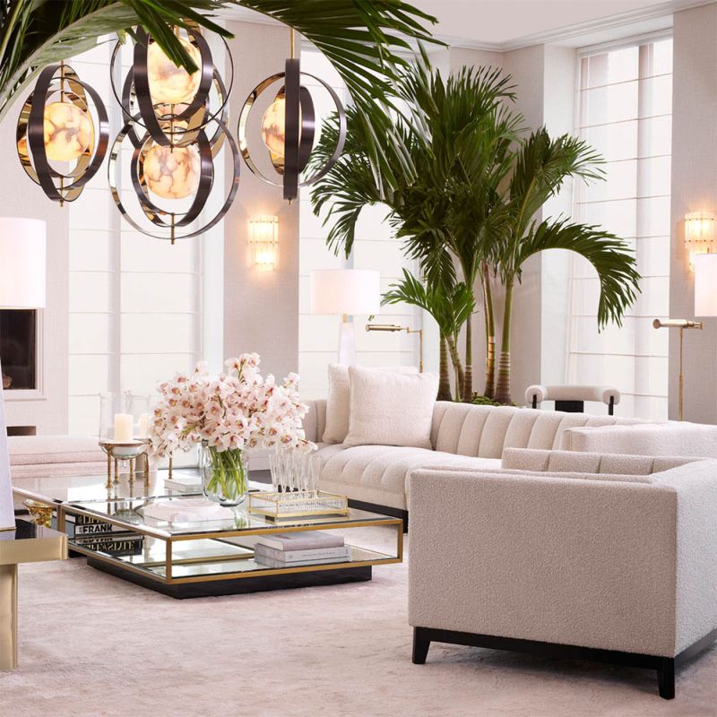 Pearl-like alabaster shade surrounded by four metal rings with bronze highlight finish