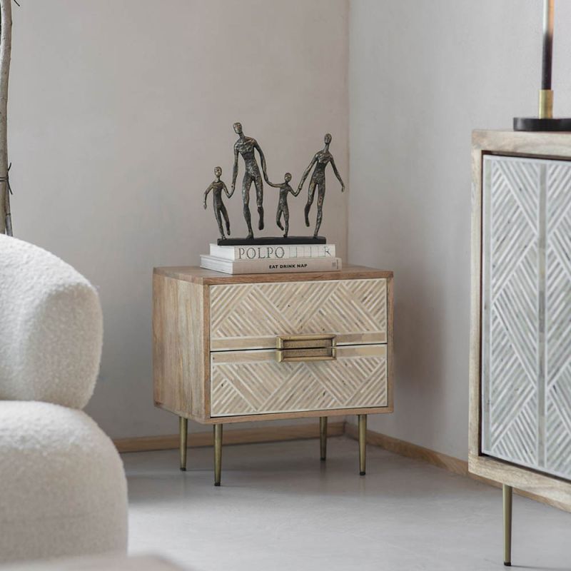 stunning natural wood bedside table with two drawers and decorative detailing