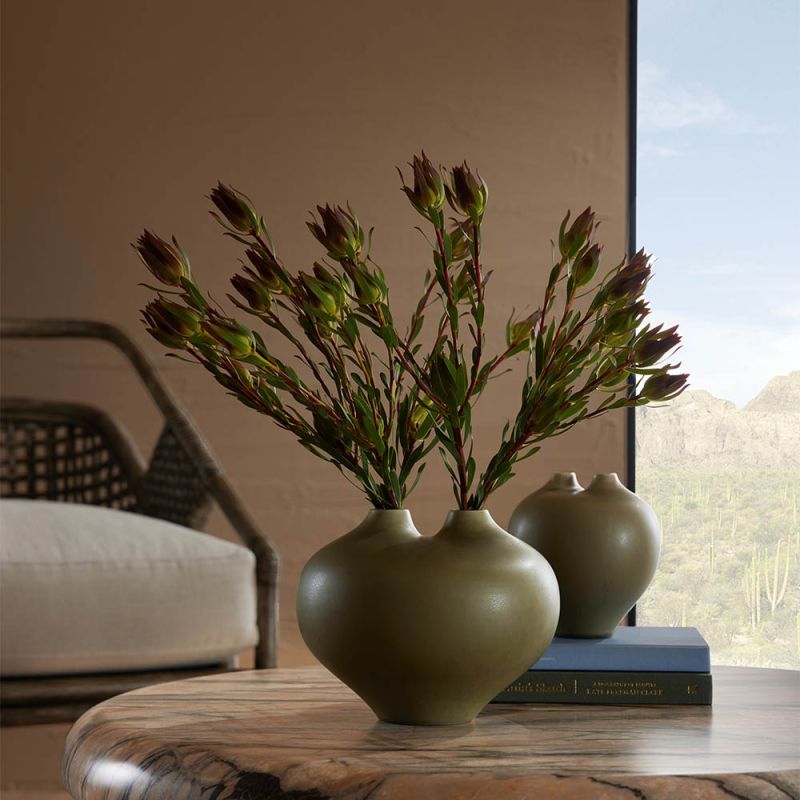 Set of two olive green vases with two narrow openings