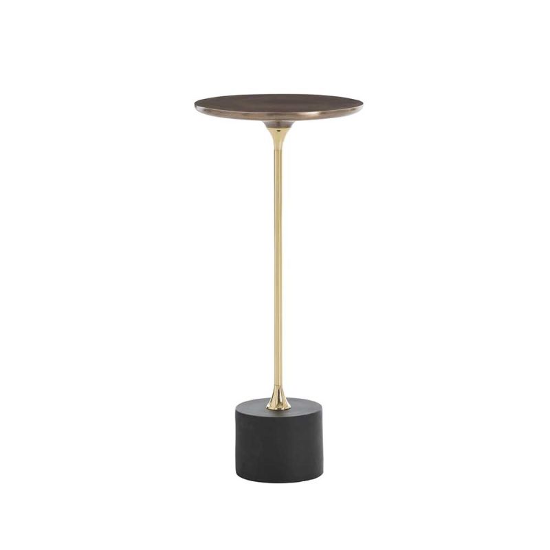 Brass round accent table mounted on black iron base