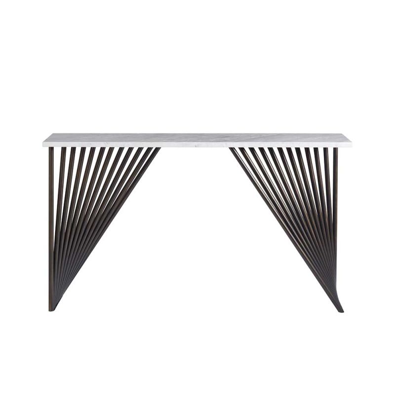 White marble console table with dimensional bronze base
