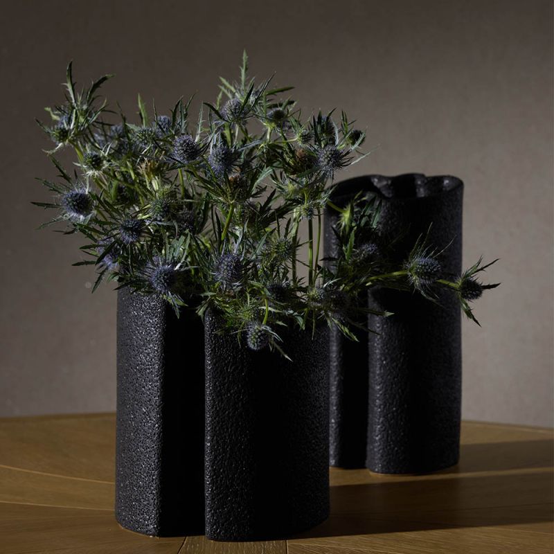 Black textured vases with wavey top