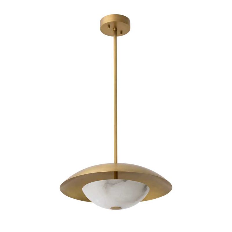Brass ceiling light with alabaster semi-sphere detail