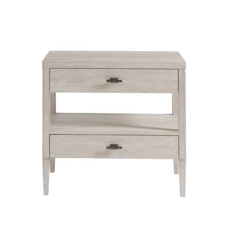 Off-white/grey bedside table with two drawers and shelf in the middle