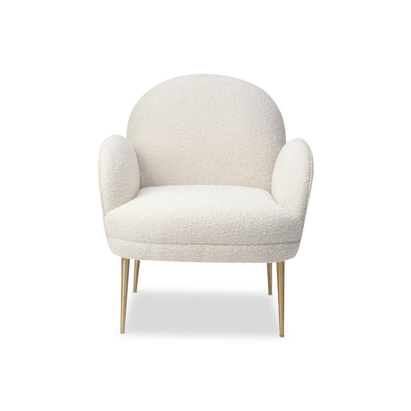 Artisan curved armchair finished in boucle sand with brass legs