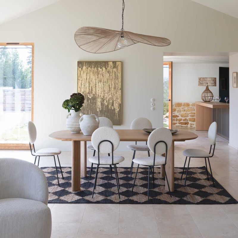 solid light oak dining table in rectangular shape with elegant curved edges