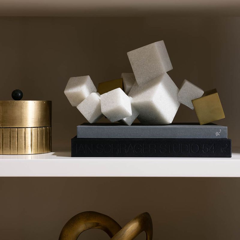 Stacked cube sculpture, crafted from alabaster and brass