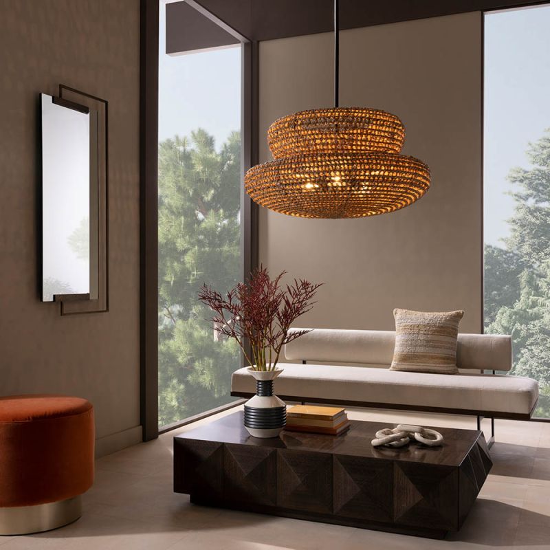 Large rattan light with curvaceous two tier silhouette