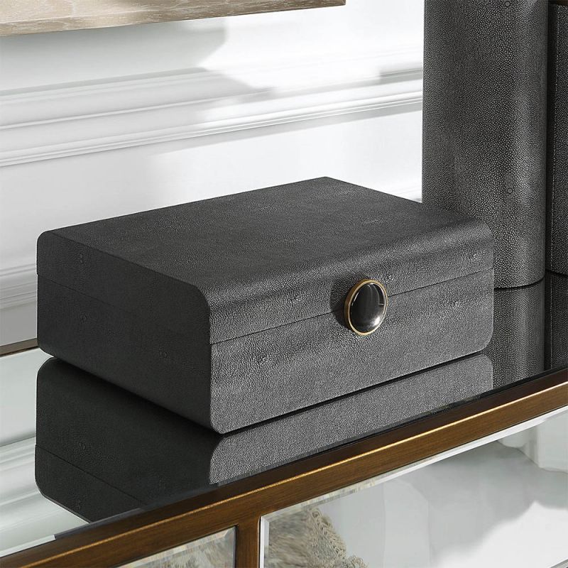 A sophisticated shagreen box by Uttermost with a beautiful black enamel closure