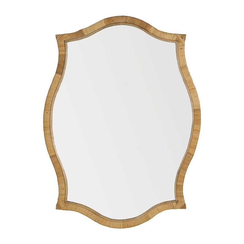 Ornate curved mirror with rattan wrapped frame