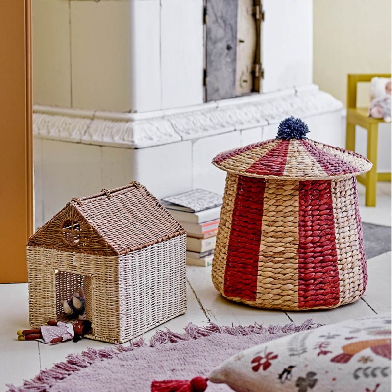 Circus-style basket with lid and red stripes and grey pom pom