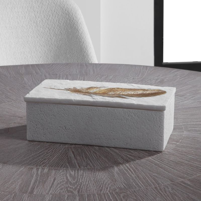 White stone box with gold feather leaf detail 
