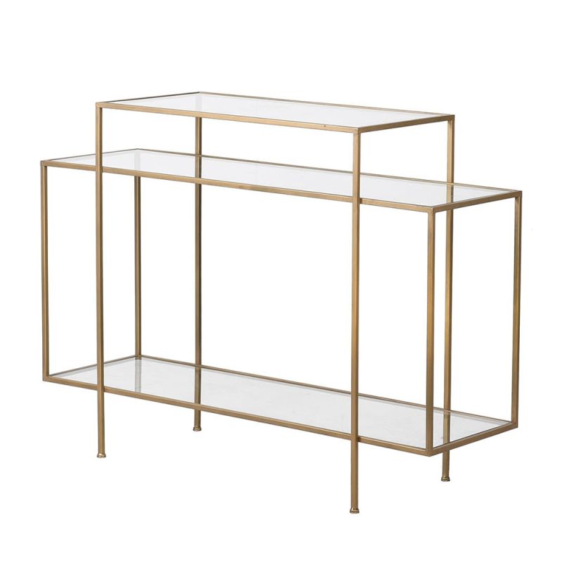 Contemporary gold finish console table with multiple glass shelves